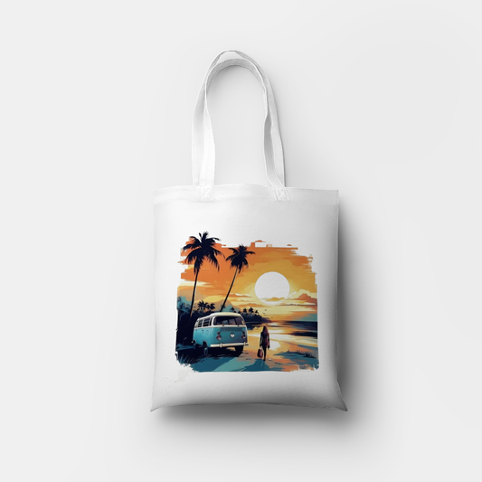 Sunset Beach Van Canvas Tote Bag – Tropical Adventure Style